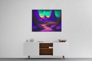 Obraz fantasy fialové hory s tyrkysovou oblohou