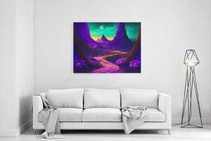 Obraz fantasy fialové hory s tyrkysovou oblohou
