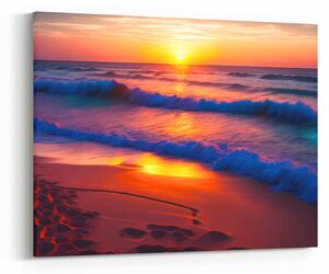 Obraz písečná pláž a vlny na moři při západu slunce