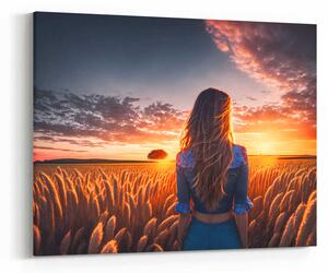 Obraz dívka v poli obilí při západu slunce