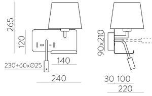 ACB Iluminacion Nástěnné LED svítidlo HOLD pravé, 3W + 1xE27 15W, CRI90, 2x vstup USB/USBC Barva: Černá, Barva montury: Bílá