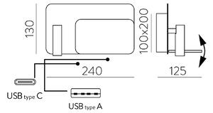 ACB Iluminacion Nástěnné LED svítidlo LAIKA levé, š. 24 cm, 4W + 3W, CRI90, 2x vstup USB/USBC Barva: Nikl
