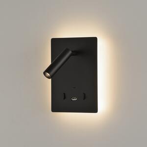 ACB Iluminacion Nástěnné LED svítidlo MANAT, v. 19 cm, 12W + 3W, CRI90, 2x vstup USB/USBC Barva: Černá