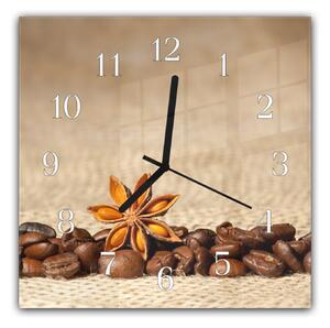 Nástěnné hodiny 30x30cm zrna kávy, badyán na tkanině - plexi