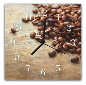 Nástěnné hodiny 30x30cm zrna kávy na dřevěném stole - plexi