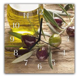 Nástěnné hodiny 30x30cm olivy na větvi a olej ve skle - plexi