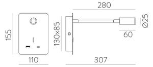 ACB Iluminacion Nástěnné LED svítidlo SENDA, v. 16 cm, 3W, CRI90, 2x vstup USB/USBC Barva: Černá