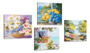Set obrazů malované květiny ve váze s přírodou