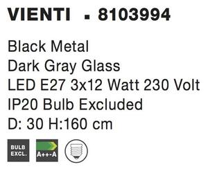 Nova Luce Závěsné svítidlo VIENTI tmavě šedé sklo, 30cm, E27 3x12W