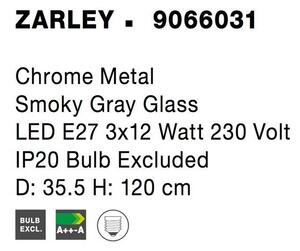 Nova Luce Závěsné svítidlo ZARLEY chromovaný kov kouřové šedé sklo E27 3x12W