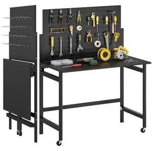 HOMCOM skládací pracovní stůl na kolečkách, 115 x 62 x 143,5 cm, pracovní deska s nástěnným panelem a 12 háčky, silná MDF, ocelový rám, nosnost 120 kg