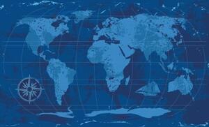 Tapeta rustikální mapa světa v modré barvě - 300x200 cm