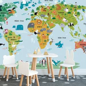 Tapeta dětská mapa světa se zvířátky - 300x200 cm