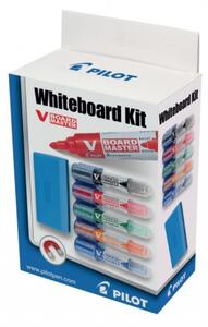 Toptabule.sk PILOT V Board Master Kit – popisovače na bílou tabuli 5 ks + magnetický držák a stěrka