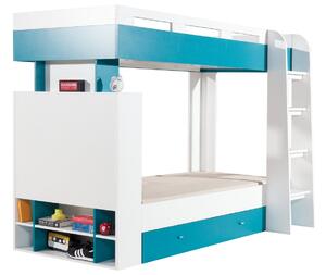 Dvoupatrová postel se zásuvkami Mobi 90x200 cm, bílá/tyrkysová