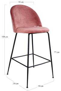 Nordic Living Růžová sametová barová židle Anneke s černou podnoží 76 cm