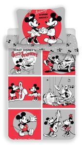 Dětské bavlněné povlečení s obrázkem pohádkové postavičky Minnie a Mickeyho v malých obrázcích laděné do šedé a červené barvy. Rozměr povlečení je 140x200, 70x90 cm