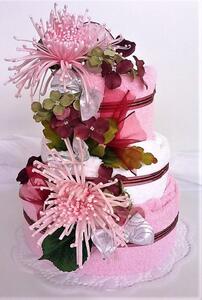 Textilní dort třípatrový - růžové chryzantémy