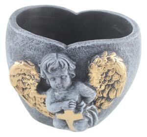 Betonový květináč ve tvaru srdce s andílkem 15,5x15x12,5cm