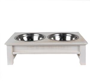 Misky pro zvířata v bílém antik dřevěném stojanu - 40*22*12 cm / 2*500 ml - Clayre & Eef