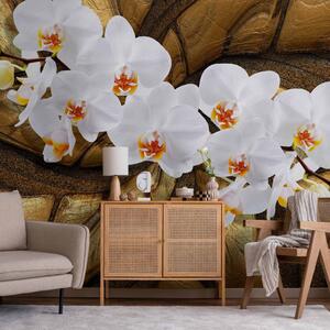 Fototapeta Zlatá orchidej - bílý květinový motiv na pozadí s texturou kůže