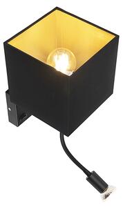 Moderní nástěnná lampa černá s USB a čtvercovým černým stínítkem - Zeno
