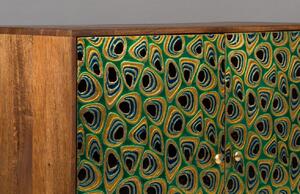 Zelená mangová komoda DUTCHBONE Meena s pavím vzorem 95 x 40 cm