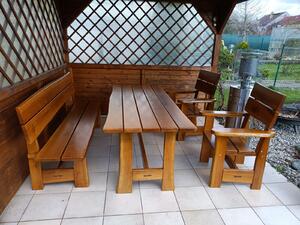 KULHÁNEK Zahradní dubová sestava - stůl, 1x lavice s opěradlem, 2x křeslo (rustikální provedení) Odstín nátěru: lazura - palisandr