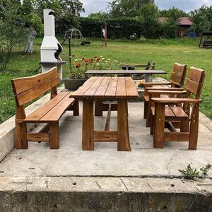 KULHÁNEK Zahradní dubová sestava - stůl, 1x lavice s opěradlem, 2x křeslo (rustikální provedení) Délka: 200 cm, Odstín nátěru: olej - ořech