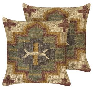 Sada 2 dekorativních polštářů PULICAT Juta 45 x 45 cm Zelená Orientální vzor