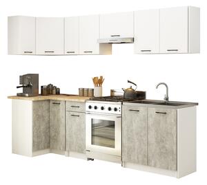 Kuchyňská rohová sestava OLIVIA – 3 m | Bílá / Beton / Dub Sonoma