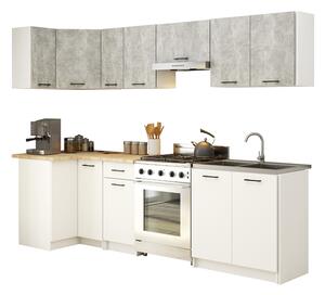 Kuchyňská rohová sestava OLIVIA – 3 m | Beton / Bílá / Dub Sonoma