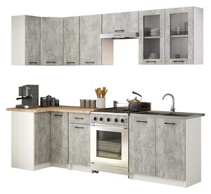 Kuchyňská rohová sestava s vitrínou OLIVIA – 3 m | Beton / Dub Sonoma H720