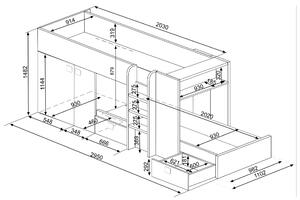 Patrová postel se skříní a úložným prostorem EMMET III pinie cascina/starorůžová, 90x200 cm