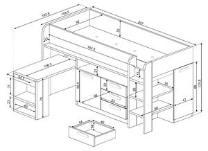 Patrová postel se stolem EMMET IV pinie cascina/starorůžová, 90x200 cm