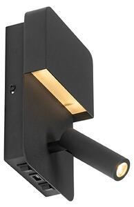 Nástěnné svítidlo černé vč. LED s USB a lampičkou na čtení se spínačem - Robin
