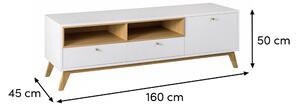 ARBYD Bílý TV stolek Thia s dubovou podnoží 160 x 45 cm