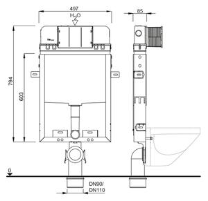SCHWAB SET WC 199 podomítková nádržka pro zazdění 3/6l, DN110mm + CERANO - WC mísa rimless Verde + UF slim sedátko - černá matná + SCHWAB VELA ovláda…