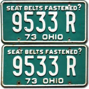 Americká SPZ Ohio 1973 Seat Belts Green 9533 R pár