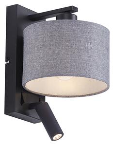 Moderní nástěnná lampa černá se šedým kulatým stínítkem a lampičkou na čtení - Puglia