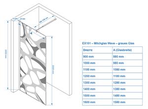 Sprchový kout Walk-In Nano 10mm pravé sklo EX101 Černá - šedé sklo s matným vzorem Wave - možnost volby šířky
