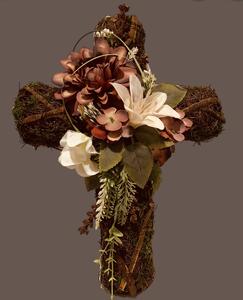 Aranžmá smuteční - Kříž mechový s květinami 25x35 cm