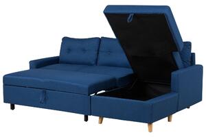 Tmavě modrá rozkládací rohová sedačka s úložným prostorem (levostranná) FLAKK