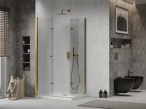 Mexen Lima Duo, sprchový kout se skládacími dveřmi 90 (dveře) x 80 (dveře) cm, 6mm čiré sklo, zlatý profil + slim sprchová vanička bílá + zlatý sifon, 856-090-080-50-02-4010G