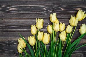 Fototapeta žluté tulipány na dřevěném podkladu