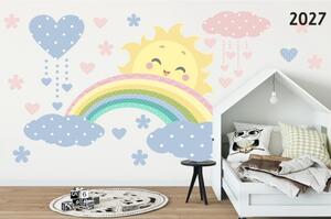 Krásná nálepka na zeď v pastelových barvách sluníčko duha a mraky 60 x 120 cm