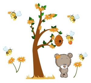 Nádherná nálepka na zeď stydlivý medvídek a včelky 100 x 200 cm