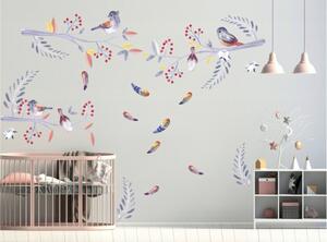 Moderní nálepka na zeď s efektem vodových barev ptáčky a jeřabina 80 x 160 cm