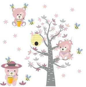 Růžová nálepka na zeď pro holčičky ráj medvídků 80 x 160 cm