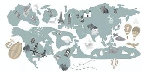 Edukační nálepka do dětského pokoje mapa světa a jeho pokladů 80 x 160 cm